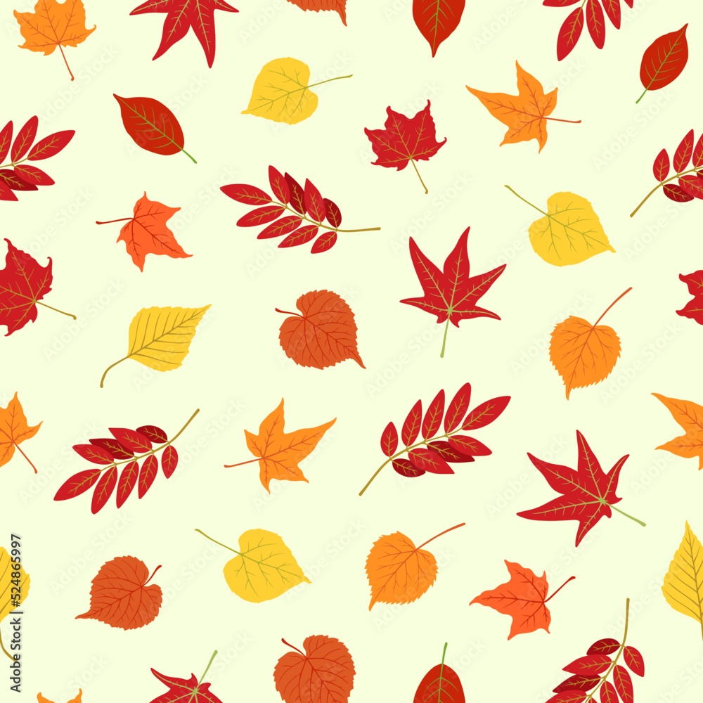 Obraz premium Fall leaves repeat design. Colorful autumn seamless pattern with maple, birch, rowan leaf. For textile print, wrapping paper, wallpaper, etc.