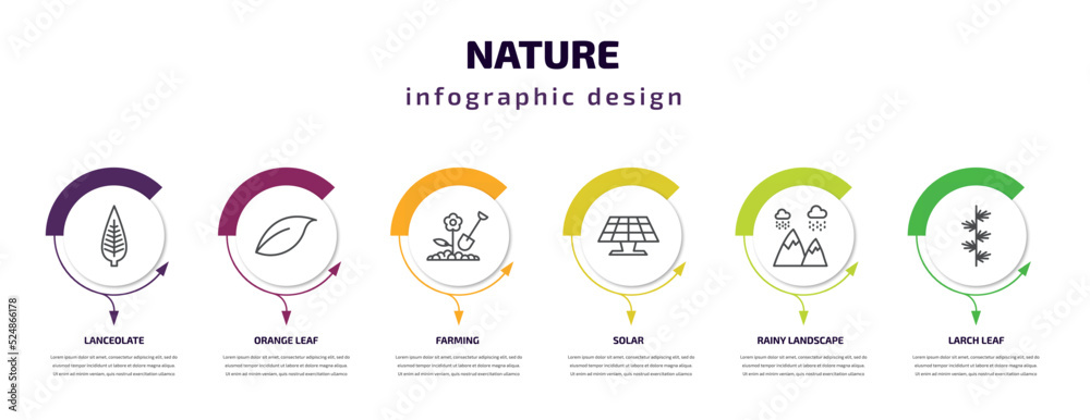 nature infographic template with icons and 6 step or option. nature icons such as lanceolate, orange leaf, farming, solar, rainy landscape, larch leaf vector. can be used for banner, info graph, nature infographic template with icons and 6 step or option. nature icons such as lanceolate, orange leaf, farming, solar, rainy landscape, larch leaf vector. can be used for banner, info graph,