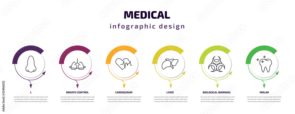 medical infographic template with icons and 6 step or option. medical icons such as l, breath control, cardiogram, liver, biological warning, molar vector. can be used for banner, info graph, web, medical infographic template with icons and 6 step or option. medical icons such as l, breath control, cardiogram, liver, biological warning, molar vector. can be used for banner, info graph, web,
