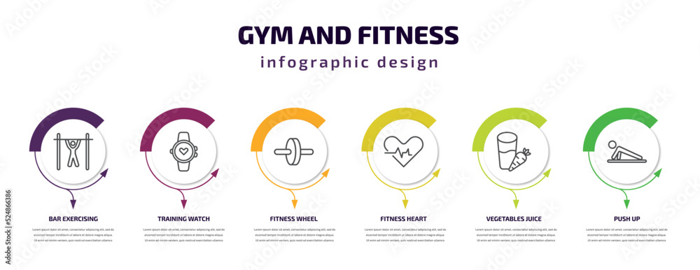 gym and fitness infographic template with icons and 6 step or option. gym and fitness icons such as bar exercising, training watch, fitness wheel, heart, vegetables juice, push up vector. can be