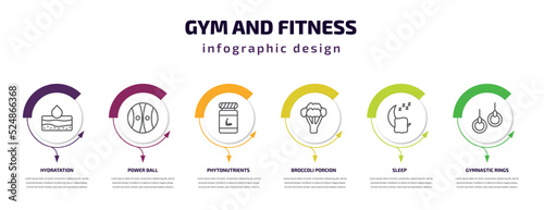 gym and fitness infographic template with icons and 6 step or option. gym and fitness icons such as hydratation, power ball, phytonutrients, broccoli porcion, sleep, gymnastic rings vector. can be