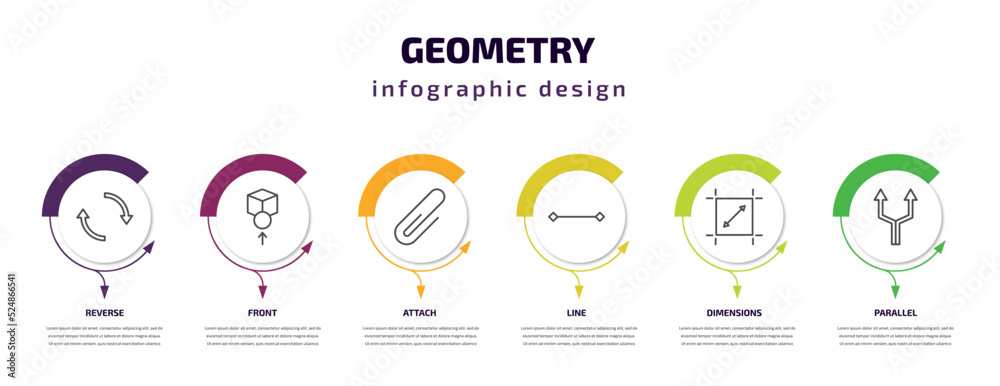 geometry infographic template with icons and 6 step or option. geometry icons such as reverse, front, attach, line, dimensions, parallel vector. can be used for banner, info graph, web,