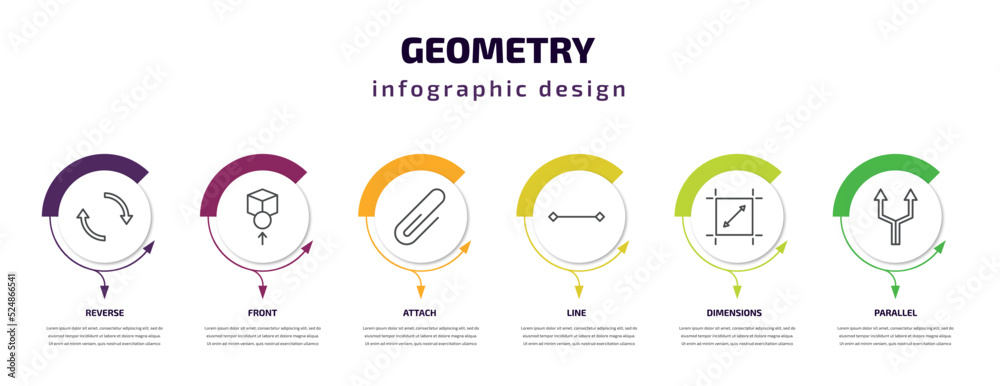 geometry infographic template with icons and 6 step or option. geometry icons such as reverse, front, attach, line, dimensions, parallel vector. can be used for banner, info graph, web, geometry infographic template with icons and 6 step or option. geometry icons such as reverse, front, attach, line, dimensions, parallel vector. can be used for banner, info graph, web,