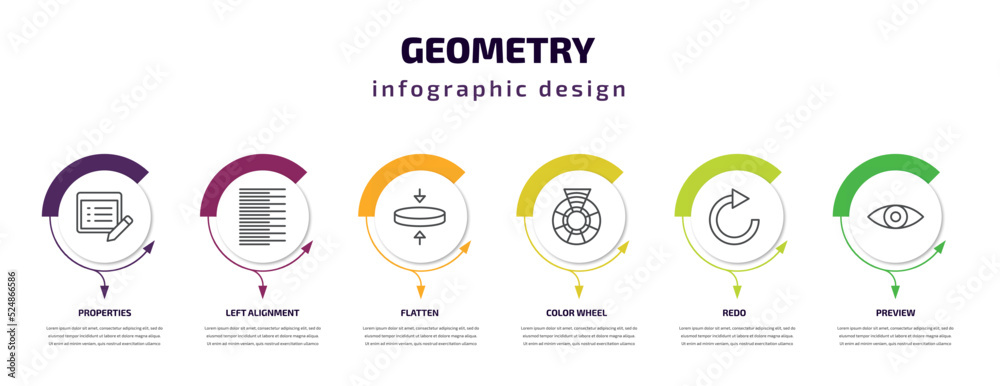 geometry infographic template with icons and 6 step or option. geometry icons such as properties, left alignment, flatten, color wheel, redo, preview vector. can be used for banner, info graph, web,