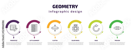 geometry infographic template with icons and 6 step or option. geometry icons such as properties, left alignment, flatten, color wheel, redo, preview vector. can be used for banner, info graph, web,