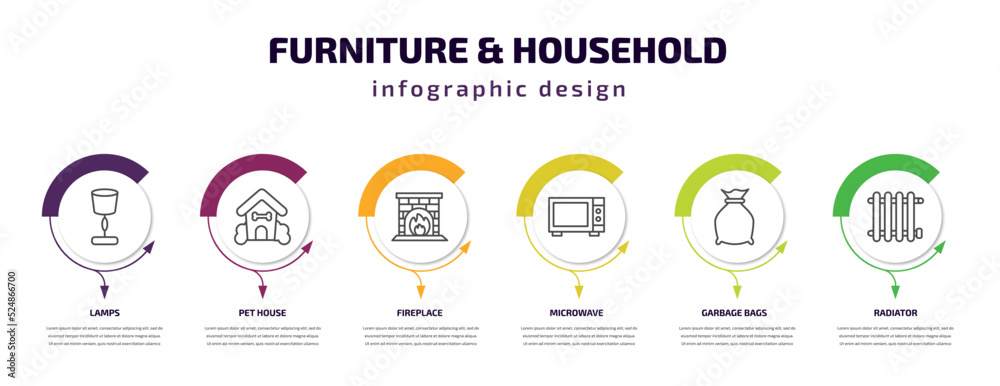 furniture & household infographic template with icons and 6 step or option. furniture & household icons such as lamps, pet house, fireplace, microwave, garbage bags, radiator vector. can be used for