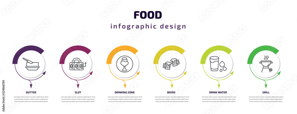 food infographic template with icons and 6 step or option. food icons such as butter, slot, drinking zone, beers, drink water, grill vector. can be used for banner, info graph, web, presentations. food infographic template with icons and 6 step or option. food icons such as butter, slot, drinking zone, beers, drink water, grill vector. can be used for banner, info graph, web, presentations.