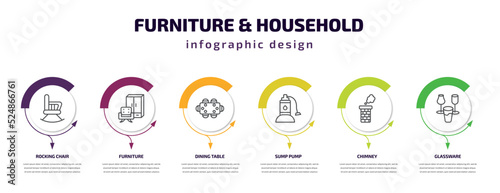 furniture & household infographic template with icons and 6 step or option. furniture & household icons such as rocking chair, furniture, dining table, sump pump, chimney, glassware vector. can be