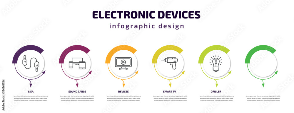 electronic devices infographic template with icons and 6 step or option. electronic devices icons such as lisa, sound cable, devices, smart tv, driller, smart light vector. can be used for banner, electronic devices infographic template with icons and 6 step or option. electronic devices icons such as lisa, sound cable, devices, smart tv, driller, smart light vector. can be used for banner,