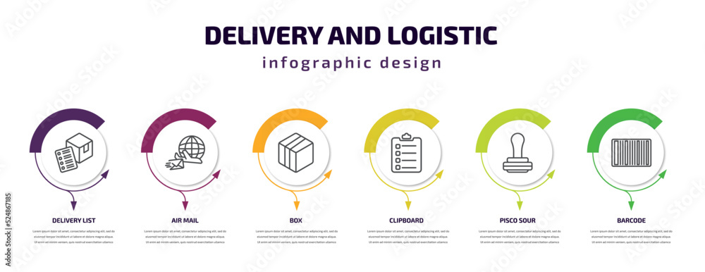 delivery and logistic infographic template with icons and 6 step or option. delivery and logistic icons such as delivery list, air mail, box, clipboard, pisco sour, barcode vector. can be used for