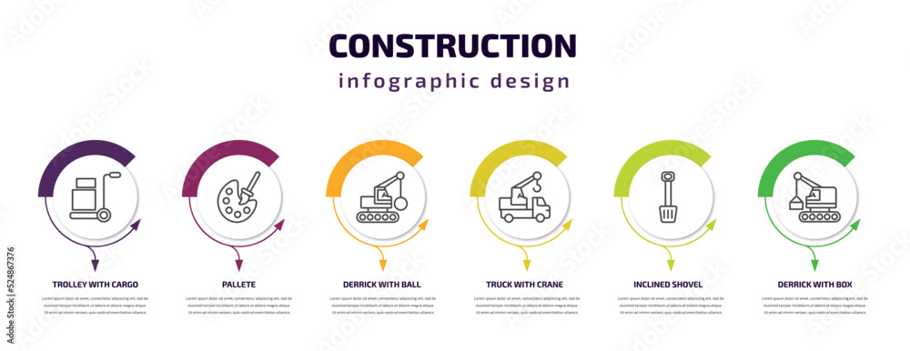 construction infographic template with icons and 6 step or option. construction icons such as trolley with cargo, pallete, derrick with ball, truck crane, inclined shovel, derrick box vector. can be