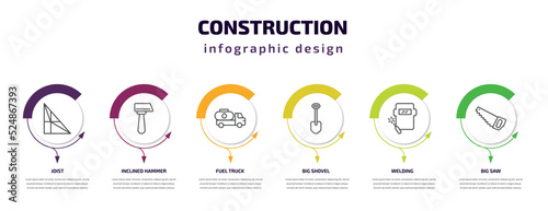 construction infographic template with icons and 6 step or option. construction icons such as joist, inclined hammer, fuel truck, big shovel, welding, big saw vector. can be used for banner, info