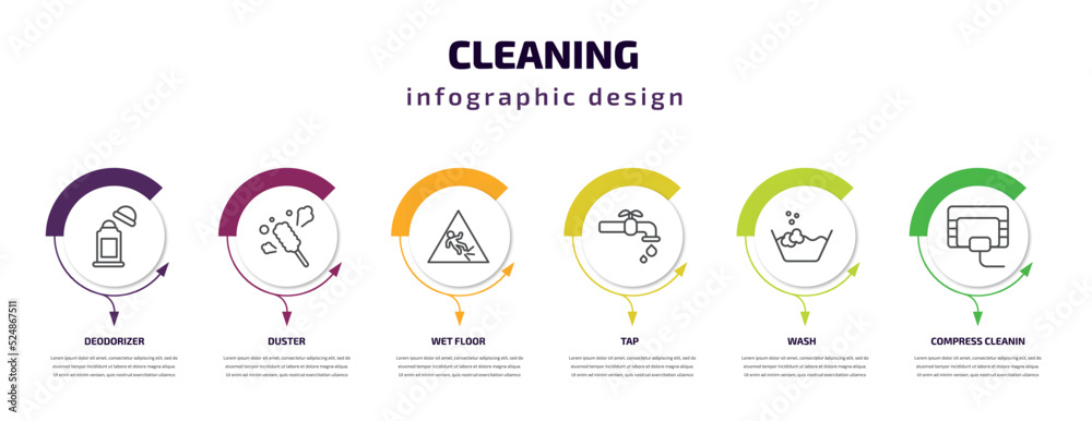 cleaning infographic template with icons and 6 step or option. cleaning icons such as deodorizer, duster, wet floor, tap, wash, compress cleanin vector. can be used for banner, info graph, web,