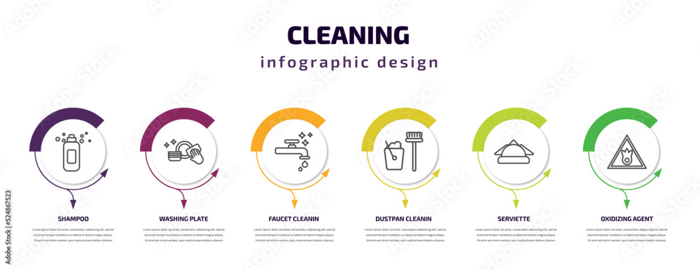 cleaning infographic template with icons and 6 step or option. cleaning icons such as shampoo, washing plate, faucet cleanin, dustpan cleanin, serviette, oxidizing agent vector. can be used for