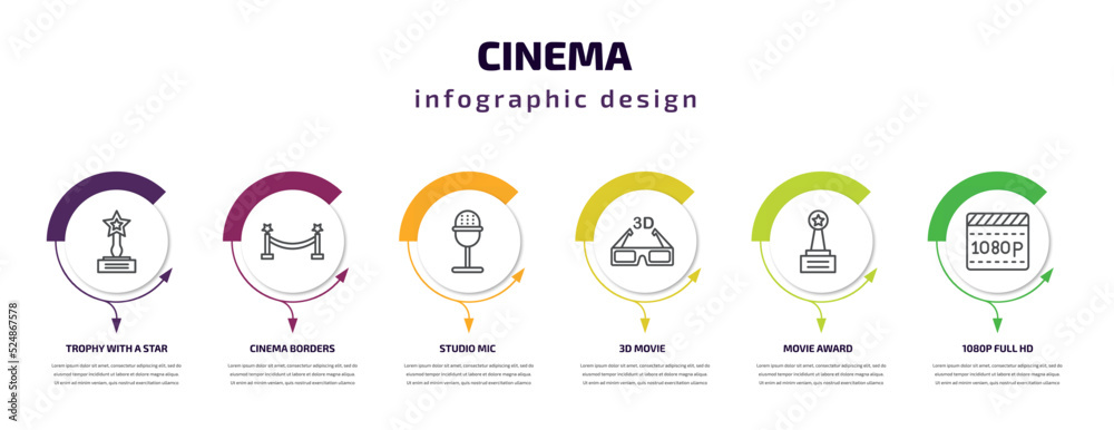 cinema infographic template with icons and 6 step or option. cinema icons such as trophy with a star, cinema borders, studio mic, 3d movie, movie award, 1080p full hd vector. can be used for banner,