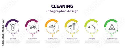 cleaning infographic template with icons and 6 step or option. cleaning icons such as shampoo, washing plate, faucet cleanin, dustpan cleanin, serviette, oxidizing agent vector. can be used for