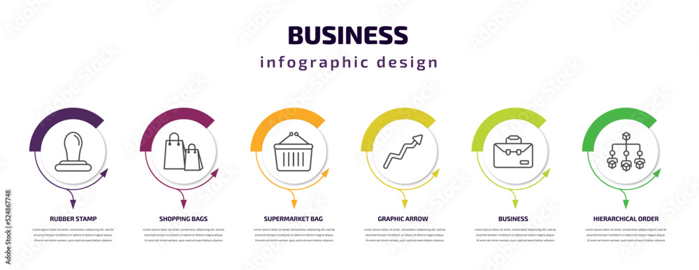 business infographic template with icons and 6 step or option. business icons such as rubber stamp, shopping bags, supermarket bag, graphic arrow, business, hierarchical order vector. can be used