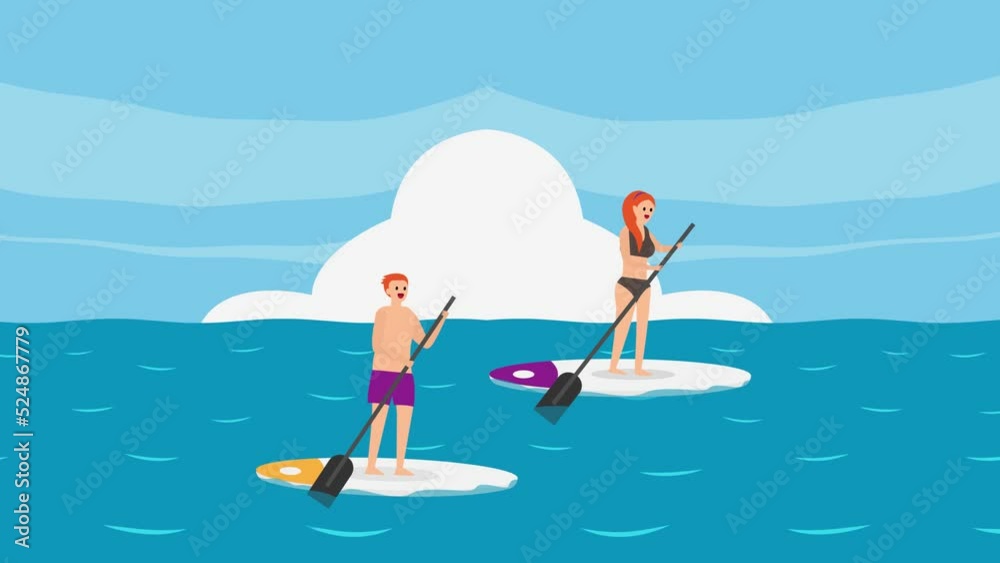 Happy couple riding paddle board on the sea Happy couple riding paddle board on the sea