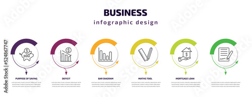 business infographic template with icons and 6 step or option. business icons such as purpose of saving money, deficit, bar diagram, maths tool, mortgage loan, vector. can be used for banner, info