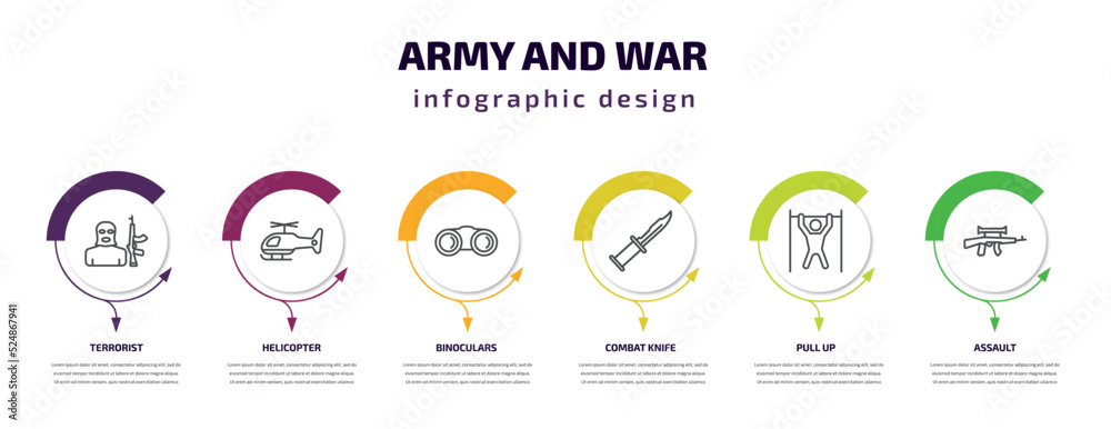 army and war infographic template with icons and 6 step or option. army and war icons such as terrorist, helicopter, binoculars, combat knife, pull up, assault vector. can be used for banner, info