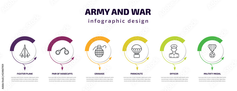 army and war infographic template with icons and 6 step or option. army and war icons such as fighter plane, pair of handcuffs, granade, parachute, officer, militaty medal vector. can be used for