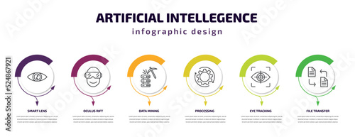 artificial intellegence infographic template with icons and 6 step or option. artificial intellegence icons such as smart lens, oculus rift, data mining, processing, eye tracking, file transfer