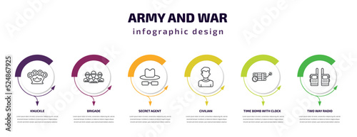 army and war infographic template with icons and 6 step or option. army and war icons such as knuckle, brigade, secret agent, civilian, time bomb with clock, two way radio vector. can be used for
