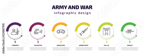army and war infographic template with icons and 6 step or option. army and war icons such as terrorist, helicopter, binoculars, combat knife, pull up, assault vector. can be used for banner, info