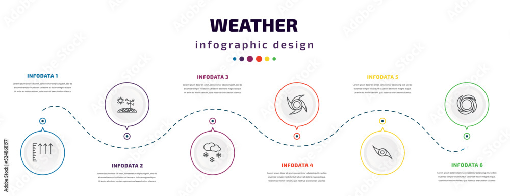 weather infographic element with icons and 6 step or option. weather icons such as atmospheric pressure, drought, snowing, typhoon, tropical storm, hurricane vector. can be used for banner, info weather infographic element with icons and 6 step or option. weather icons such as atmospheric pressure, drought, snowing, typhoon, tropical storm, hurricane vector. can be used for banner, info