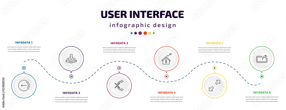 Fototapeta premium user interface infographic element with icons and 6 step or option. user interface icons such as go back button, bending, no tittling, house value, scale arrows, export arrow vector. can be used for