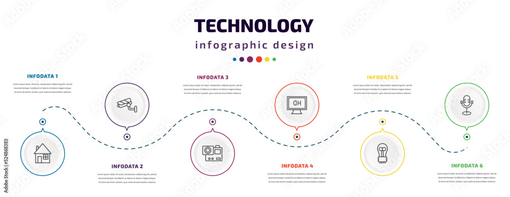 technology infographic element with icons and 6 step or option. technology icons such as domestic, security cam, , hd monitor, light bulb turned off, old mic vector. can be used for banner, info technology infographic element with icons and 6 step or option. technology icons such as domestic, security cam, , hd monitor, light bulb turned off, old mic vector. can be used for banner, info