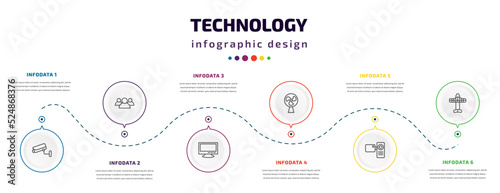 technology infographic element with icons and 6 step or option. technology icons such as surveillance camera, customers, big tv, ventilator, video camera front view, solar plane vector. can be used