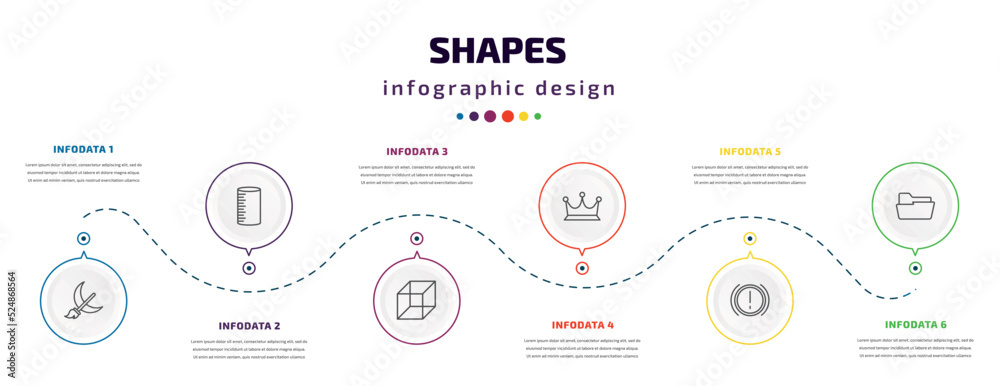 shapes infographic element with icons and 6 step or option. shapes icons such as moon and broom, cylinder volumetric, geometry cube, royalties, brake system warning, open folder vector. can be used shapes infographic element with icons and 6 step or option. shapes icons such as moon and broom, cylinder volumetric, geometry cube, royalties, brake system warning, open folder vector. can be used