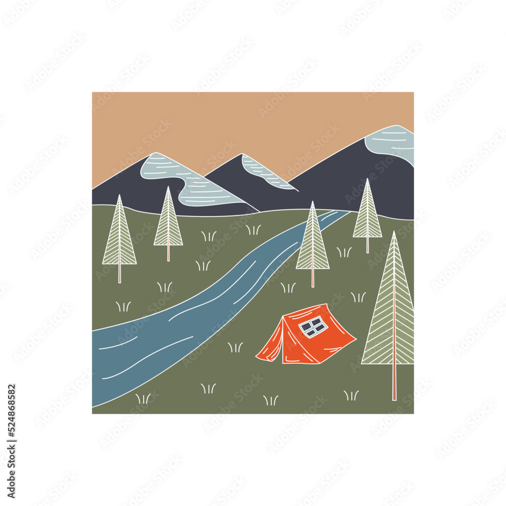 Flat vector illustration with a tent, mountains and Christmas trees. The concept of camping, outdoor recreation