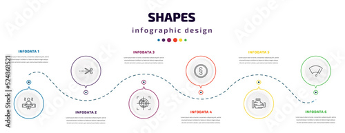 shapes infographic element with icons and 6 step or option. shapes icons such as spa room, cut here, focus button, paragraph, malfunction indicador, winshield wiper vector. can be used for banner,