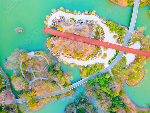 Aerial photo of Qingfeng Park in Zhonglou District, Changzhou City, Jiangsu Province, China under the blue sky and white clouds photo