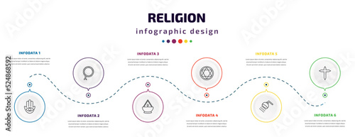 religion infographic element with icons and 6 step or option. religion icons such as hamsa, prayer beads, ner tamid, blasphemy, shower head and water, cross vector. can be used for banner, info photo