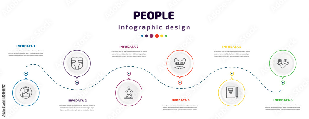 people infographic element with icons and 6 step or option. people icons such as male user, baby diaper, bast, devil mask, pencil and notebook, no racism vector. can be used for banner, info graph, people infographic element with icons and 6 step or option. people icons such as male user, baby diaper, bast, devil mask, pencil and notebook, no racism vector. can be used for banner, info graph,