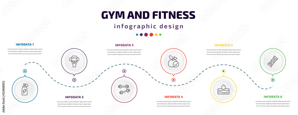 gym and fitness infographic element with icons and 6 step or option. gym and fitness icons such as fitness drink, broccoli porcion, little dumbbell, good diet, hydratation, energy snack vector. can gym and fitness infographic element with icons and 6 step or option. gym and fitness icons such as fitness drink, broccoli porcion, little dumbbell, good diet, hydratation, energy snack vector. can