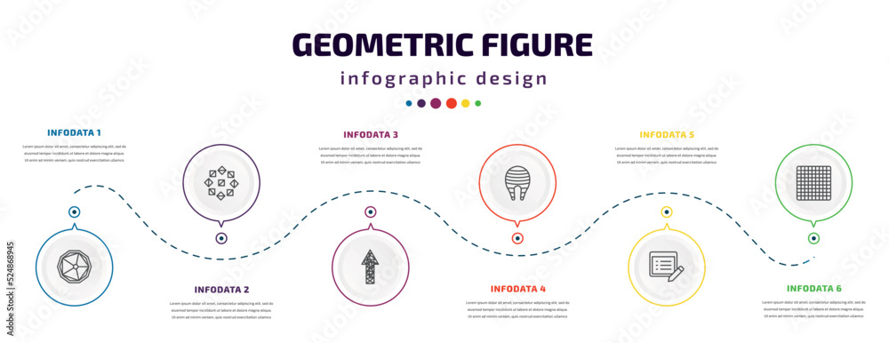 geometric figure infographic element with icons and 6 step or option. geometric figure icons such as ennegon, polygonal ornament, polygonal arrow up, fillet, properties, grids vector. can be used geometric figure infographic element with icons and 6 step or option. geometric figure icons such as ennegon, polygonal ornament, polygonal arrow up, fillet, properties, grids vector. can be used