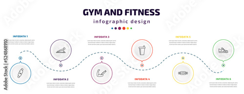 gym and fitness infographic element with icons and 6 step or option. gym and fitness icons such as fitness bracelet, , steroids, protein shake, belt, trainers vector. can be used for banner, info