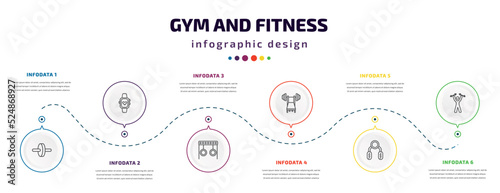 gym and fitness infographic element with icons and 6 step or option. gym and fitness icons such as fitness wheel, sport watch, rings exercises, barbell bench press, sport expander, lifting dumbbells