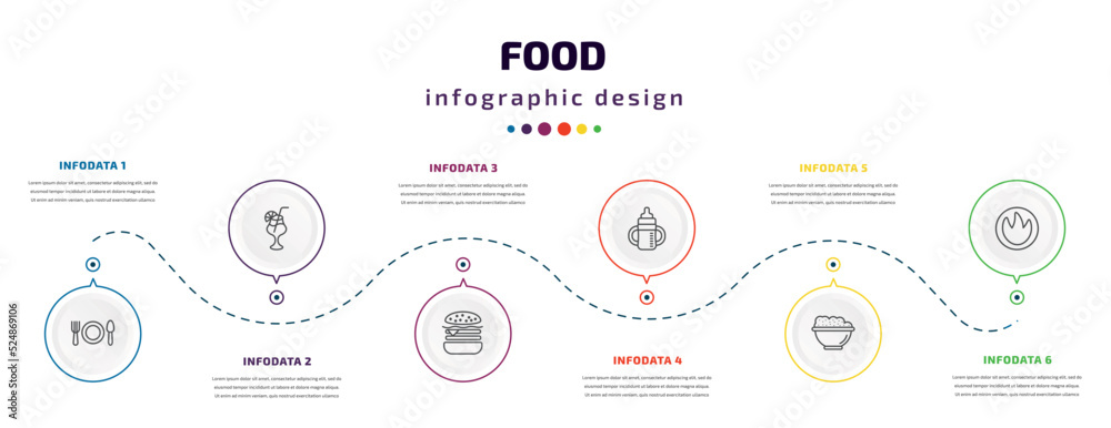 food infographic element with icons and 6 step or option. food icons such as eatery, tropical drink, hamburguer, sippy cup, risotto, calories vector. can be used for banner, info graph, web, food infographic element with icons and 6 step or option. food icons such as eatery, tropical drink, hamburguer, sippy cup, risotto, calories vector. can be used for banner, info graph, web,