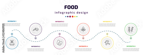 food infographic element with icons and 6 step or option. food icons such as marzipan, butcher, boiled egg, raspberry leaf, shrimps, brochette vector. can be used for banner, info graph, web,