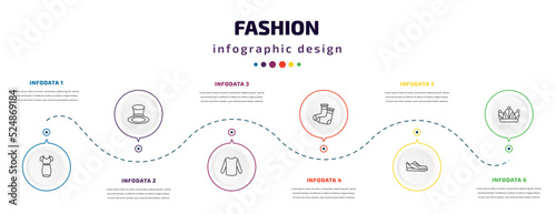 fashion infographic element with icons and 6 step or option. fashion icons such as dress with belt, cylinder hat, long sleeves, warm sock, gym shoes, monarchy vector. can be used for banner, info