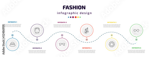 fashion infographic element with icons and 6 step or option. fashion icons such as general helmet, short skirt, heart eyeglasses, woman boots, precious stone, eyewear vector. can be used for banner,