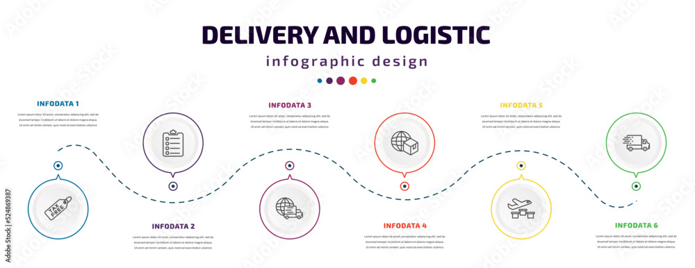 delivery and logistic infographic element with icons and 6 step or option. delivery and logistic icons such as tax free, clipboard, worldwide delivery, logistic, by plane, fast vector. can be used delivery and logistic infographic element with icons and 6 step or option. delivery and logistic icons such as tax free, clipboard, worldwide delivery, logistic, by plane, fast vector. can be used