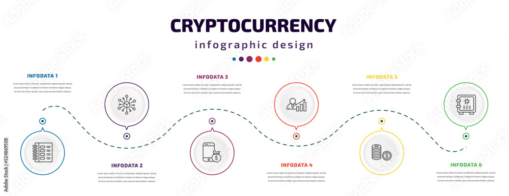 Fototapeta premium cryptocurrency infographic element with icons and 6 step or option. cryptocurrency icons such as ledger, decentralized, e-business, economist, coin, strongbox vector. can be used for banner, info