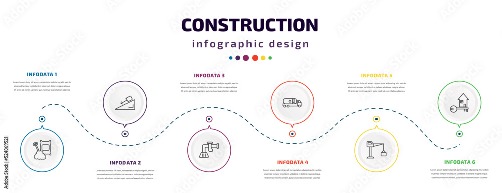 construction infographic element with icons and 6 step or option. construction icons such as cement, inclined, adjusment system, tank truck, big derrick with boxes, home key vector. can be used for construction infographic element with icons and 6 step or option. construction icons such as cement, inclined, adjusment system, tank truck, big derrick with boxes, home key vector. can be used for