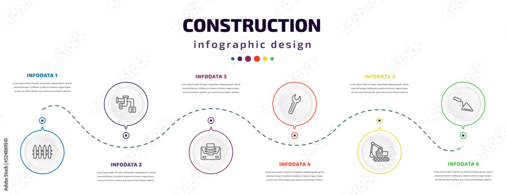 construction infographic element with icons and 6 step or option. construction icons such as garden fence, adjustment system, tool bag, spanner, backhoes, construction palette vector. can be used construction infographic element with icons and 6 step or option. construction icons such as garden fence, adjustment system, tool bag, spanner, backhoes, construction palette vector. can be used